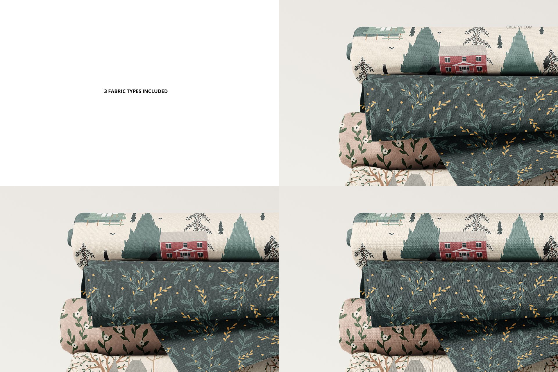 Front view of a fabric stack mockup with three folded textiles, each displaying botanical and landscape designs.