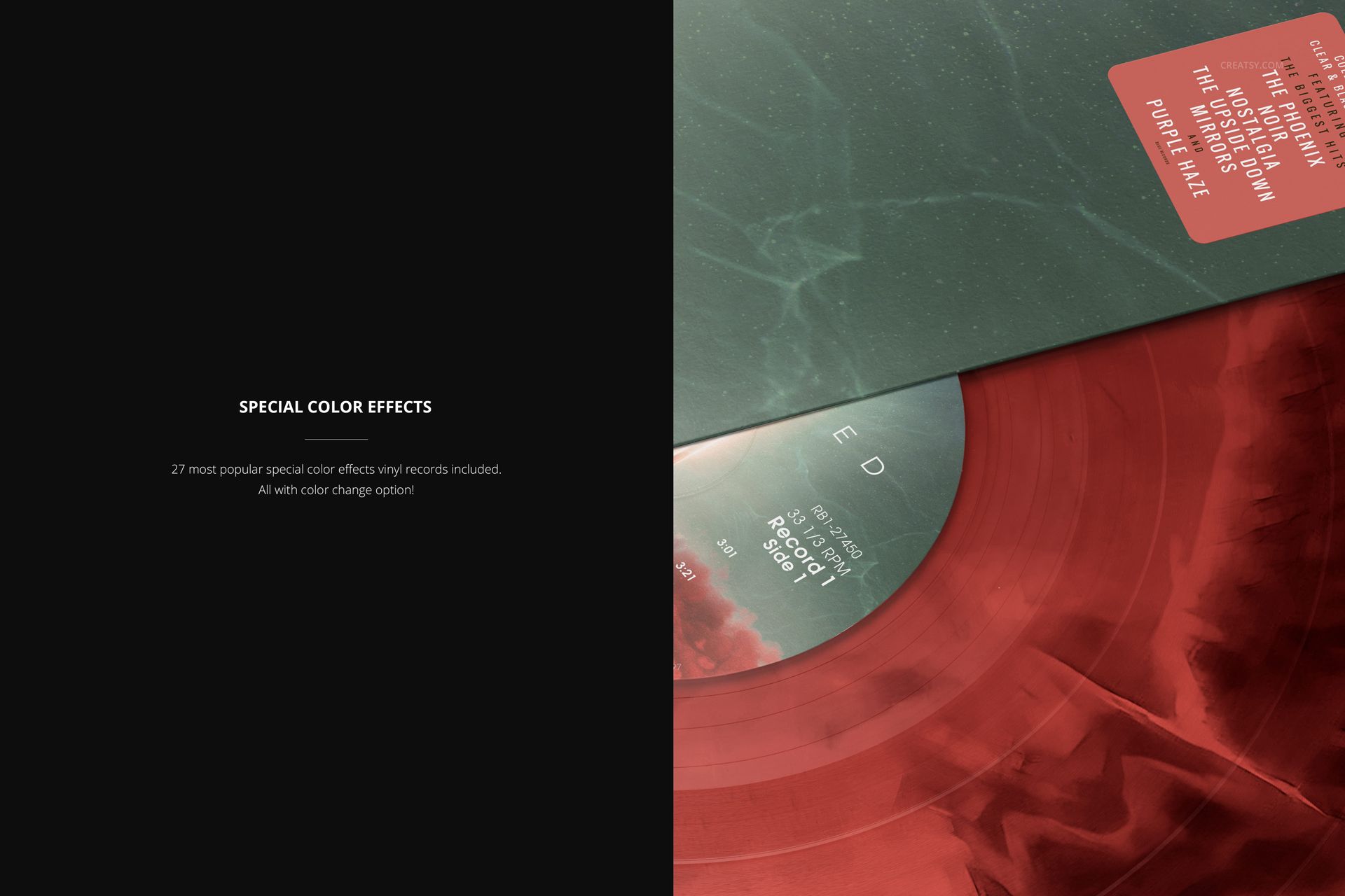 Detailed close-up of a red vinyl record and green album sleeve mockup, highlighting color effects and textures.