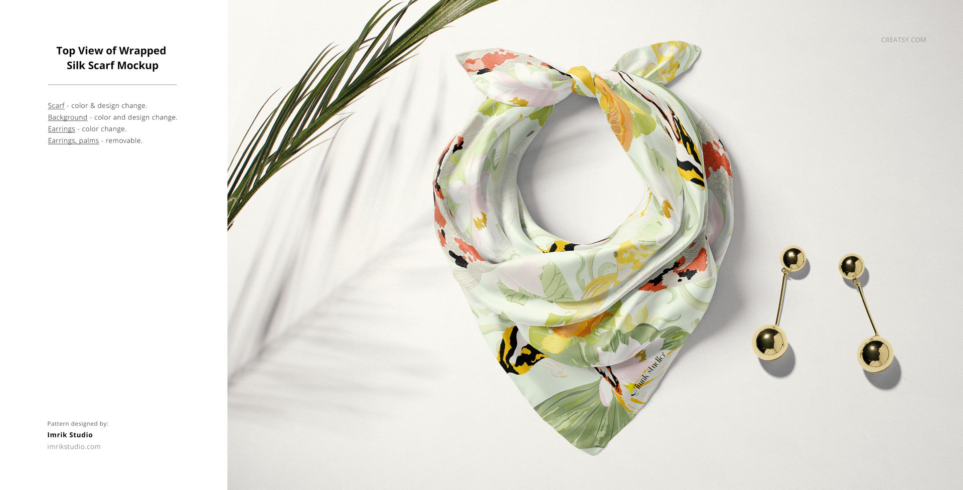 Silk scarf mockup shown from above, featuring pastel floral design, gold ball earrings, and a green palm leaf.