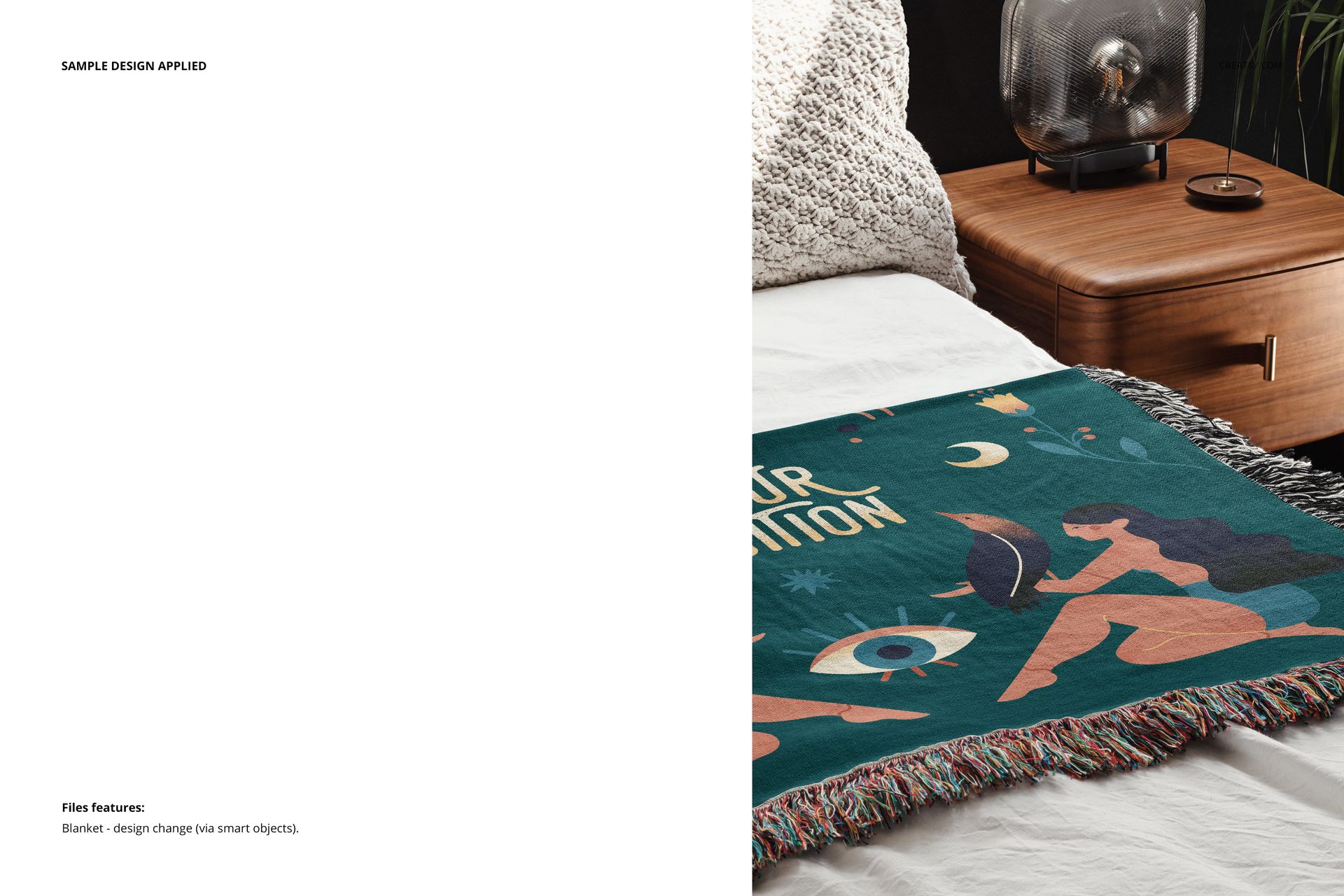 PSD mockup of a jacquard throw blanket with multicolor design and fringe detail, displayed on a bed beside a wooden nightstand.