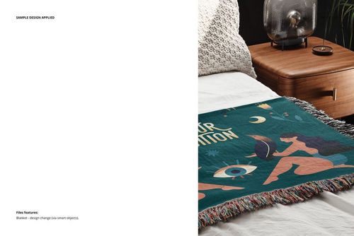 PSD mockup of a jacquard throw blanket with multicolor design and fringe detail, displayed on a bed beside a wooden nightstand.
