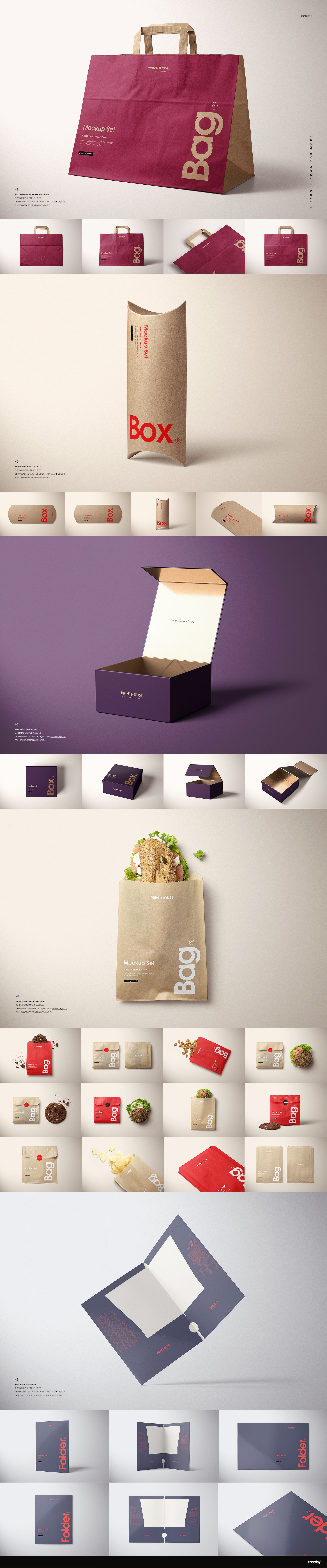 Various packaging mockups including paper bags, boxes, and tubes in neutral and burgundy colors, front and top views.