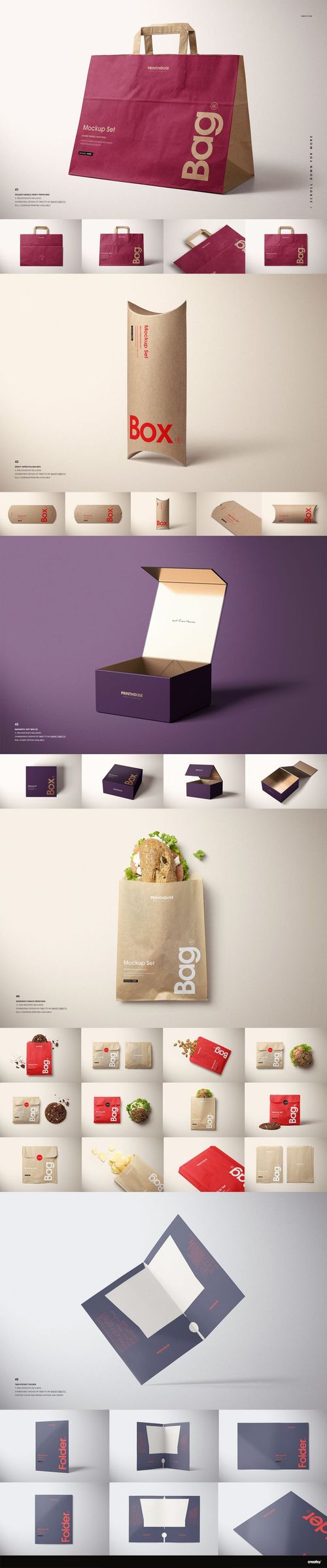 Various packaging mockups including paper bags, boxes, and tubes in neutral and burgundy colors, front and top views.