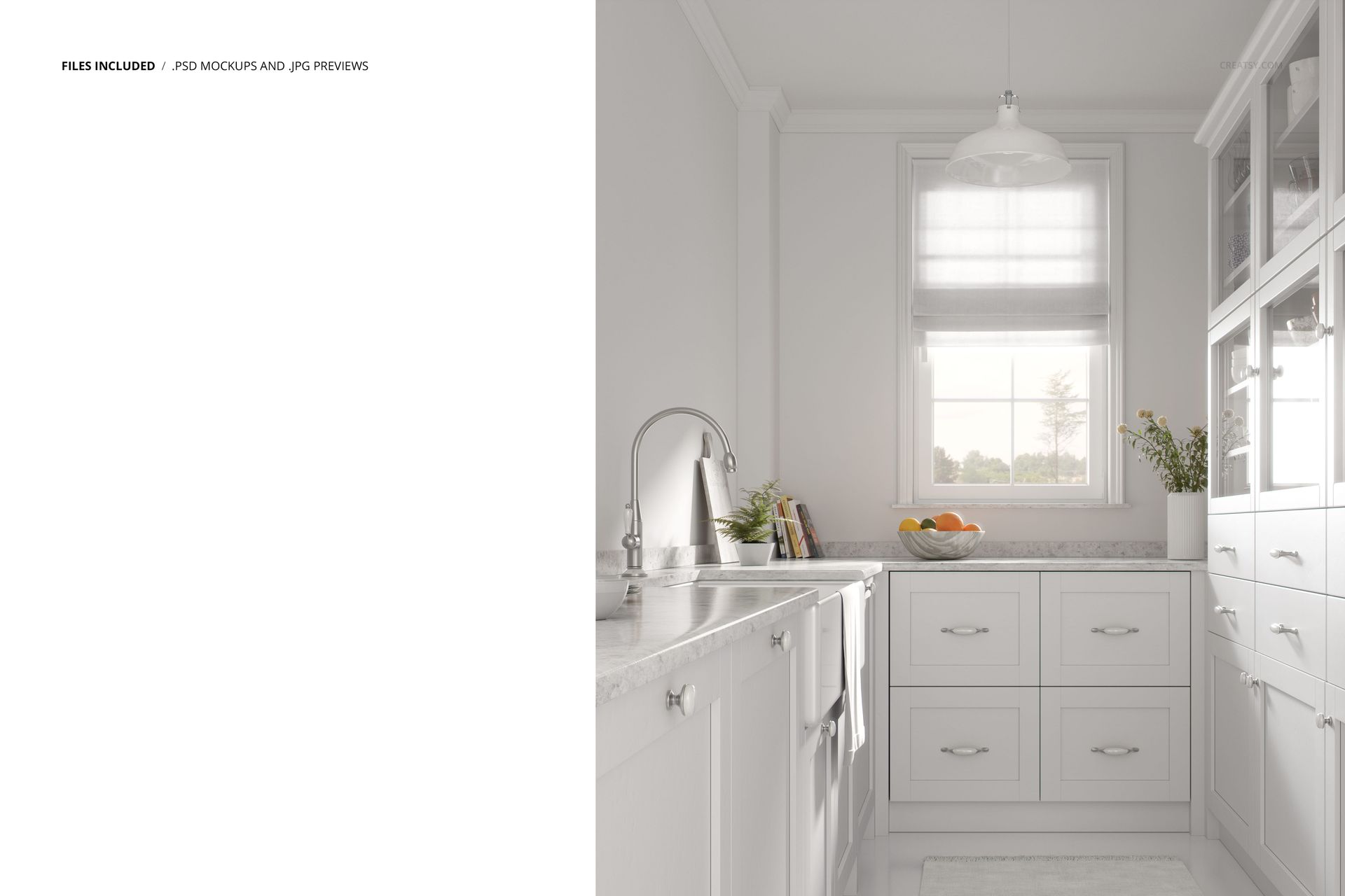 Bright French kitchen mockup with white cabinets, marble countertops, and a large window with sheer curtains.