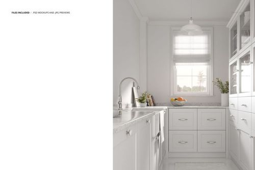 Bright French kitchen mockup with white cabinets, marble countertops, and a large window with sheer curtains.