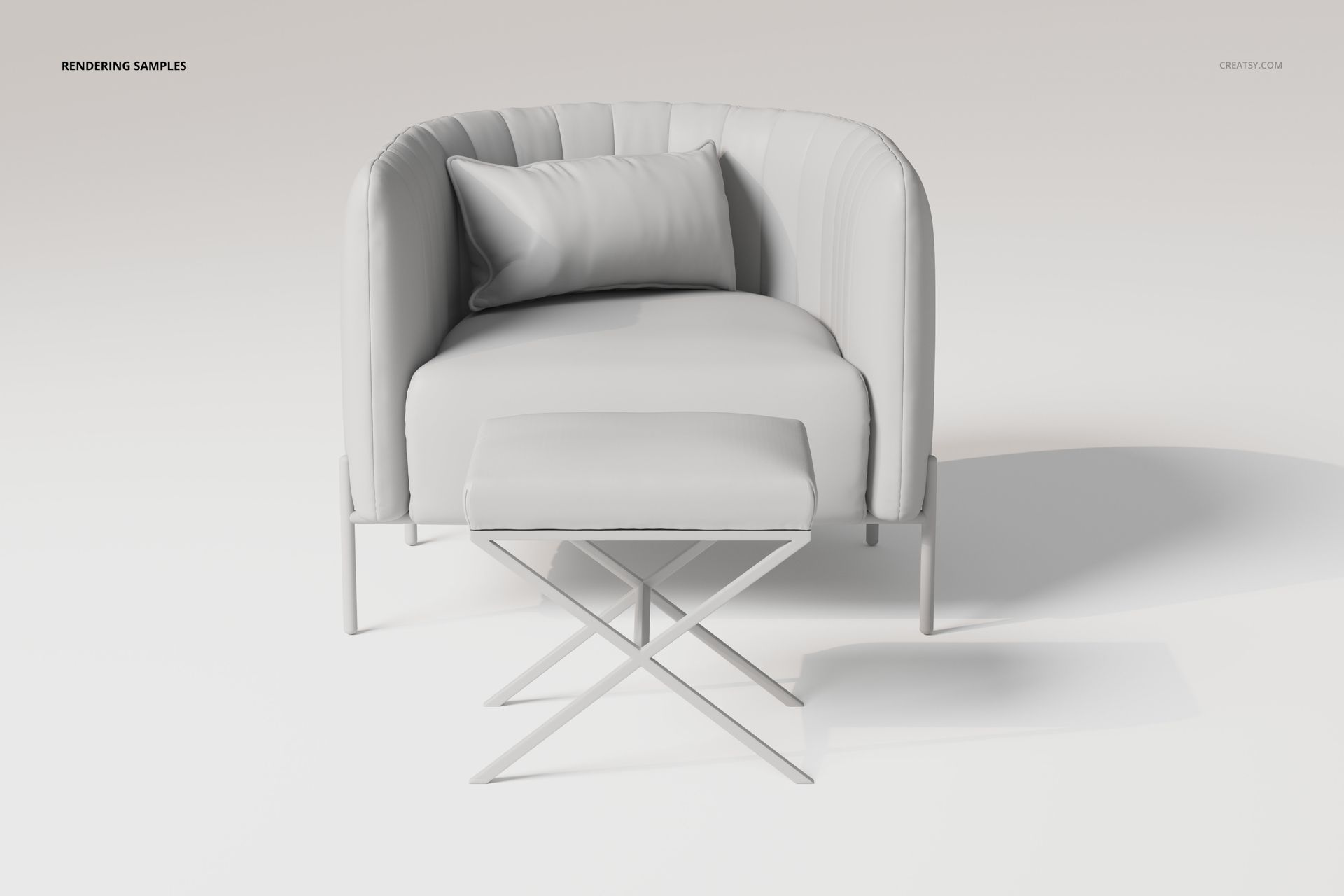 Front view of a modern armchair with matching ottoman in light gray, featuring a curved back and soft cushion.