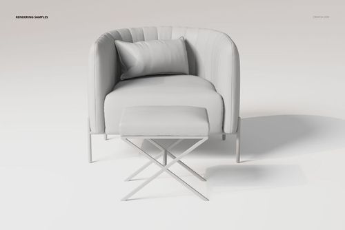 Front view of a modern armchair with matching ottoman in light gray, featuring a curved back and soft cushion.
