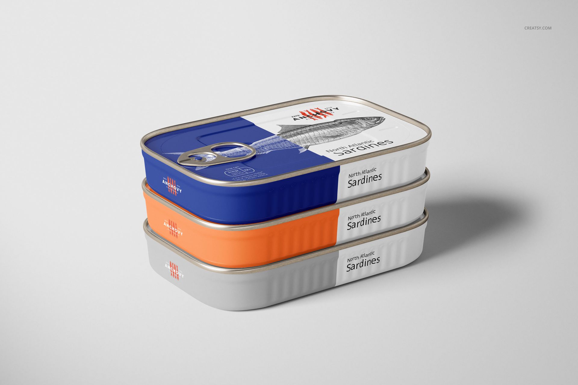 Stack of three sardine fish tin cans with colorful lids in blue, orange, and white, shown in a realistic mockup scene.