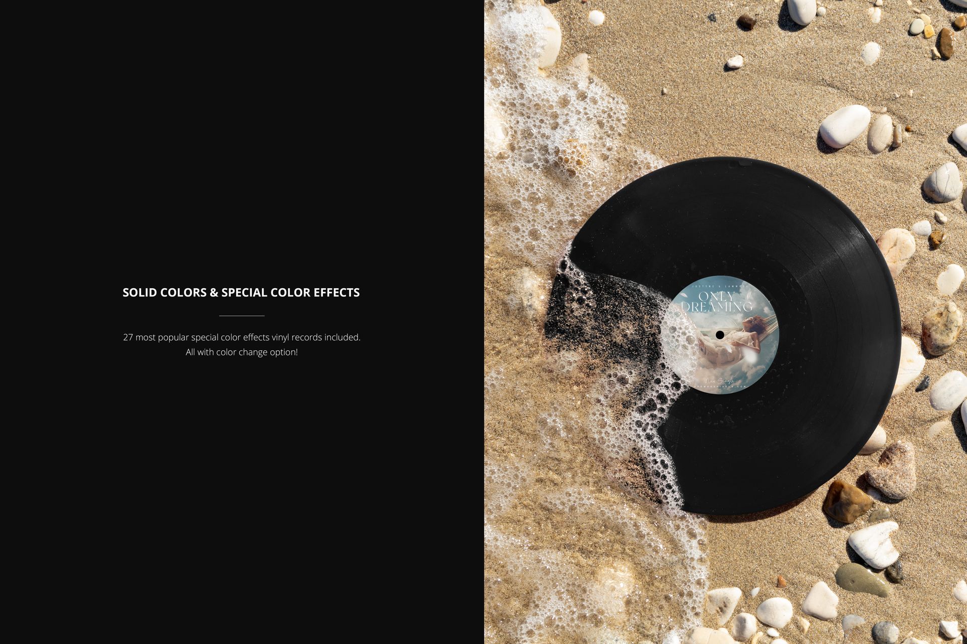 PSD mockup featuring a colored vinyl record on a beach, with water and sand partially covering its surface.