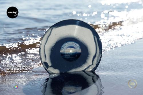 Black and gray vinyl record mockup standing upright in sand at the edge of the sea with waves in the background.