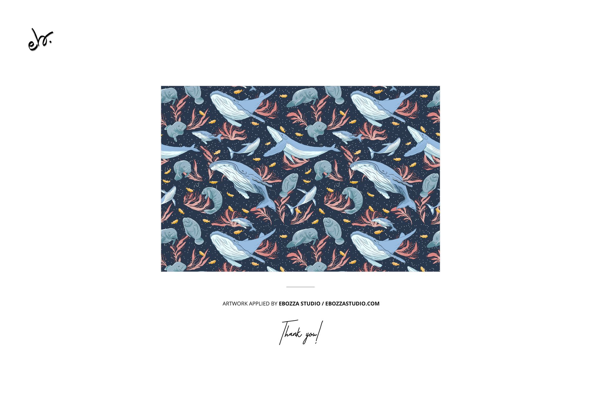 Front view of a muslin cloth mockup featuring a repeating ocean-themed pattern with whales, turtles, and coral on a dark background.