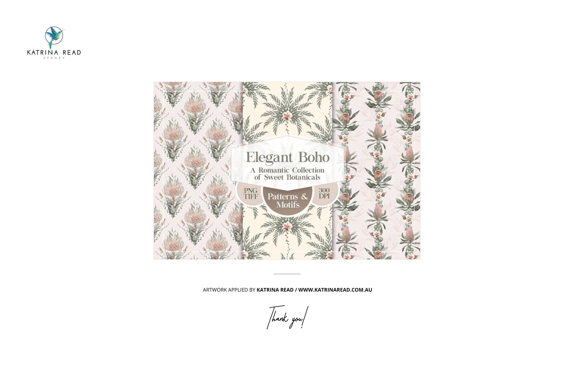 Fabric swatches mockup featuring three rectangular fabric pieces with floral and botanical patterns in soft colors, front view.