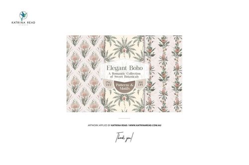 Fabric swatches mockup featuring three rectangular fabric pieces with floral and botanical patterns in soft colors, front view.