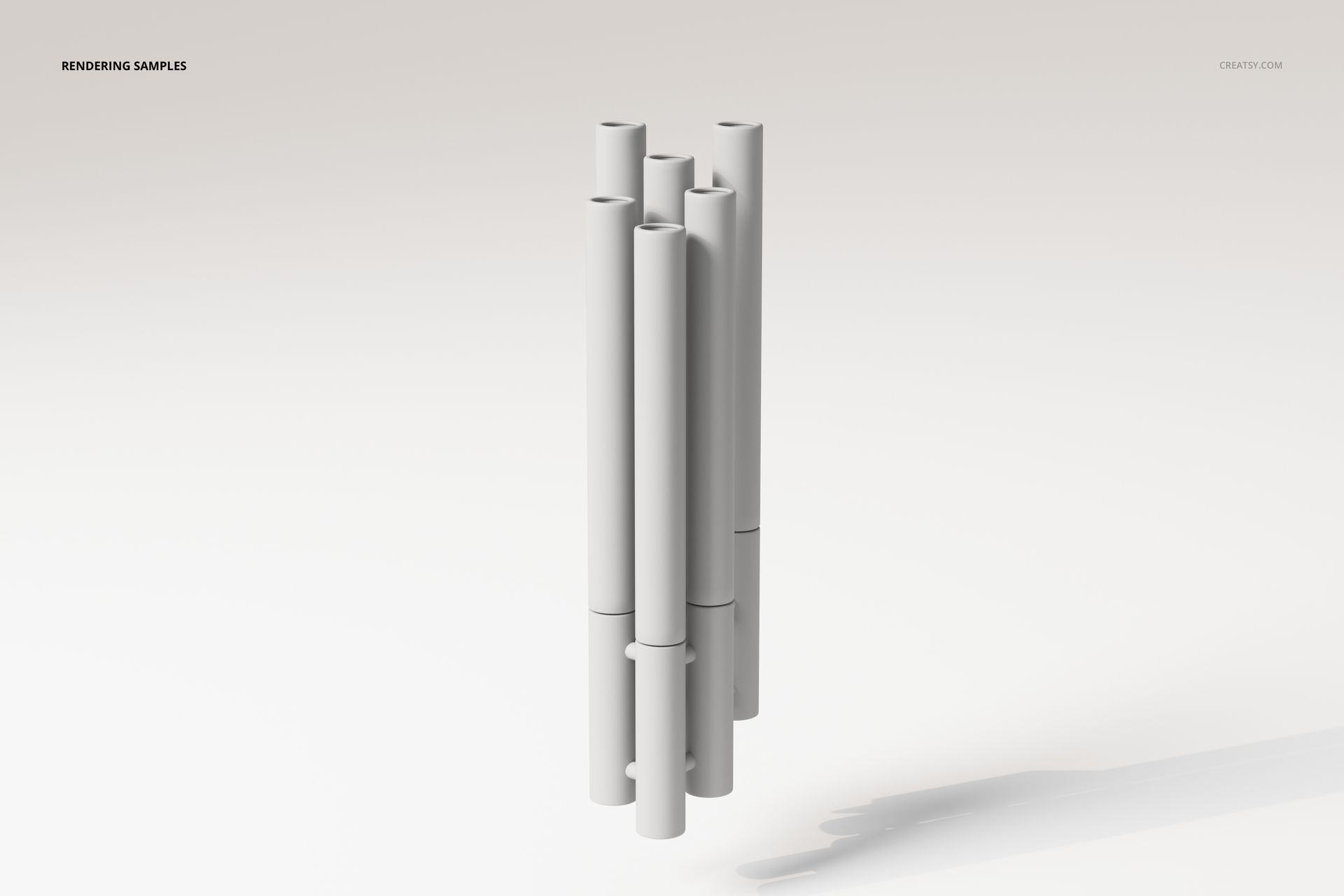 Front view of a crystal glass wall lamp 3D model with cylindrical vertical tubes in a minimalist white setting.