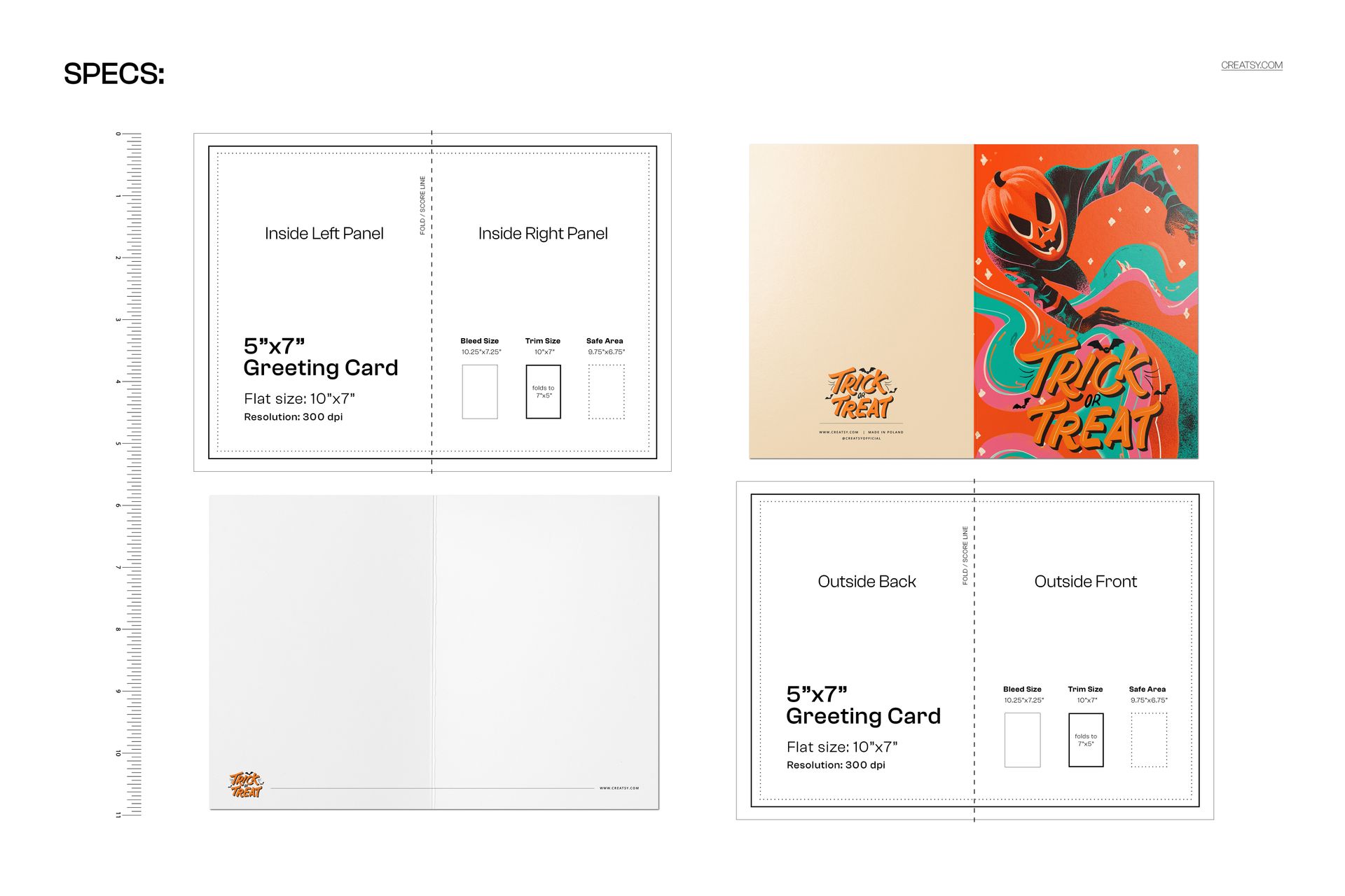 Front and back view of a 5x7 greeting card mockup featuring a vintage Halloween pumpkin design with orange and black colors.