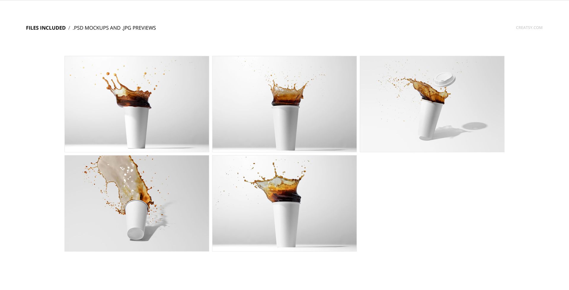 Paper cup PSD mockup bundle featuring realistic liquid splashes and shadow effects, viewed from multiple perspectives.