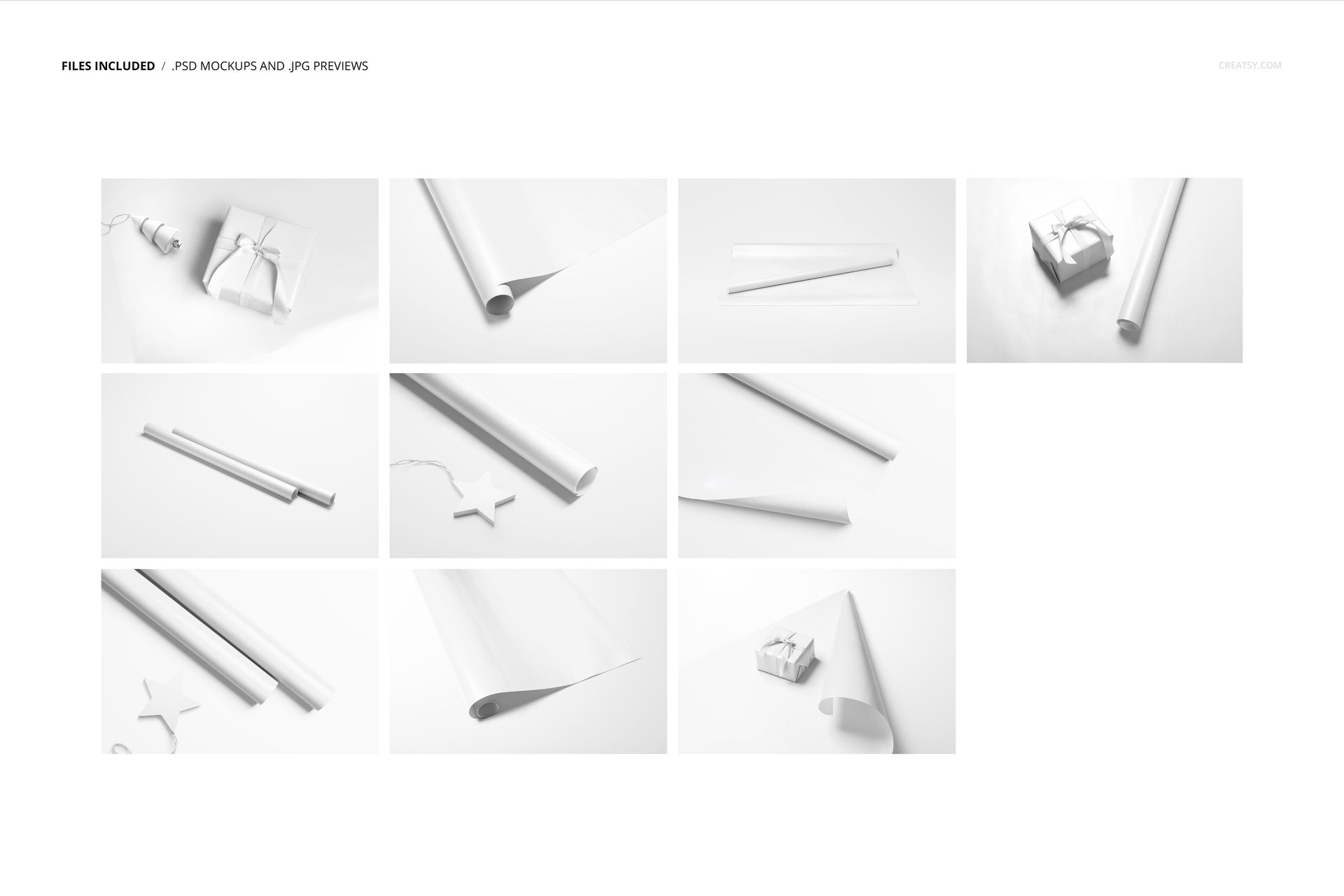 Set of white gift wrapping paper mockups displayed in various arrangements, including rolled sheets and wrapped boxes.
