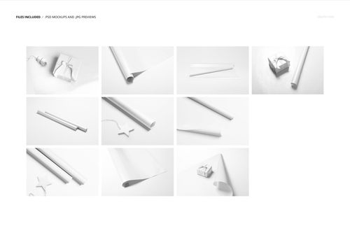Set of white gift wrapping paper mockups displayed in various arrangements, including rolled sheets and wrapped boxes.
