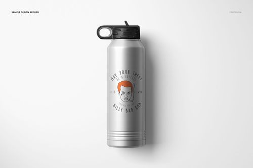 40 oz. stainless steel water bottle mockup with black screw cap, displayed on a plain white surface, top-down angle.