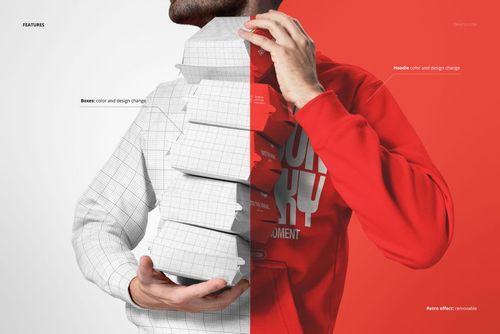 Close-up of hands holding multiple burger boxes, shown in both wireframe and colored mockup styles, with a divided scene.