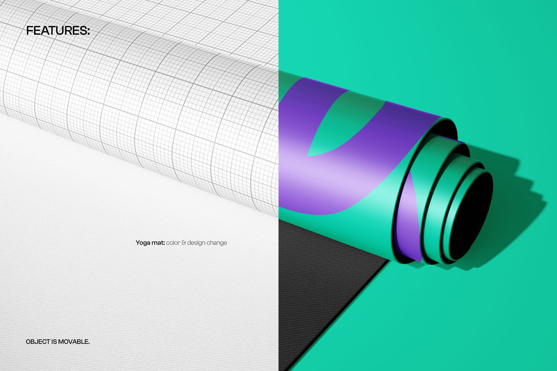 Oval yoga mat mockup partially unrolled, showing grid pattern on left and turquoise with purple design on right.