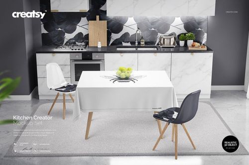 Kitchen Creator PSD mockup showing a marble-accented kitchen, table with white cover, and minimalist decor.