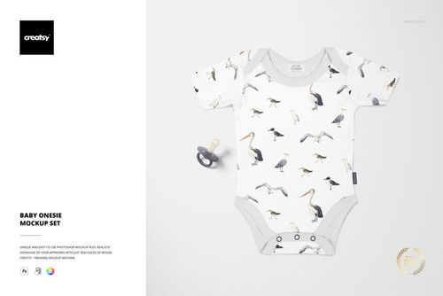 Baby onesie mockup featuring a white fabric with illustrated birds, shown from above with a pacifier nearby.