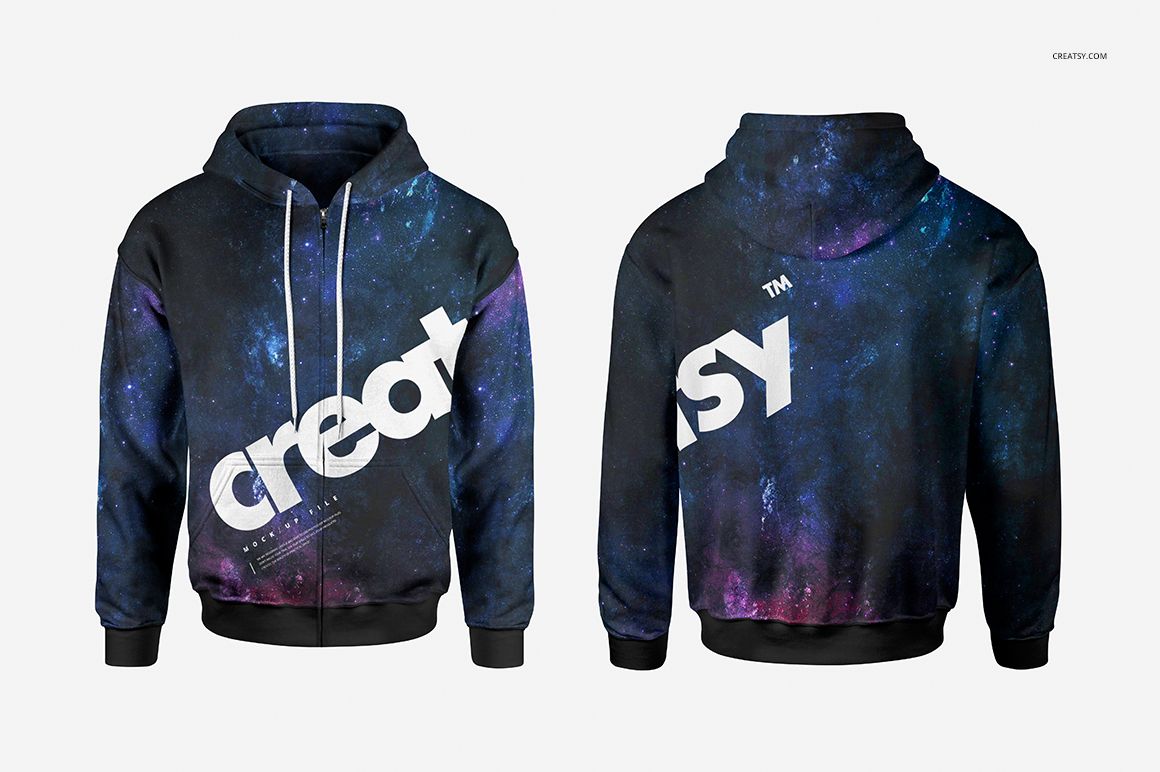 Mockup of a men's zip up hoodie featuring a dark blue and purple space design, displayed from both sides.