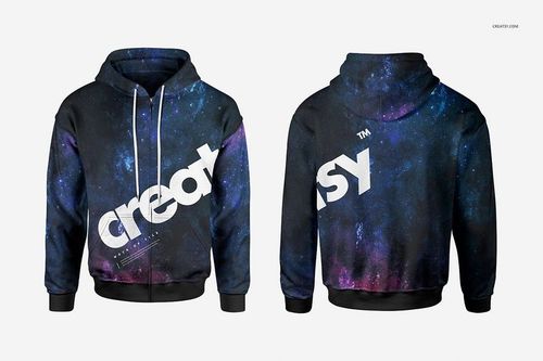 Mockup of a men's zip up hoodie featuring a dark blue and purple space design, displayed from both sides.