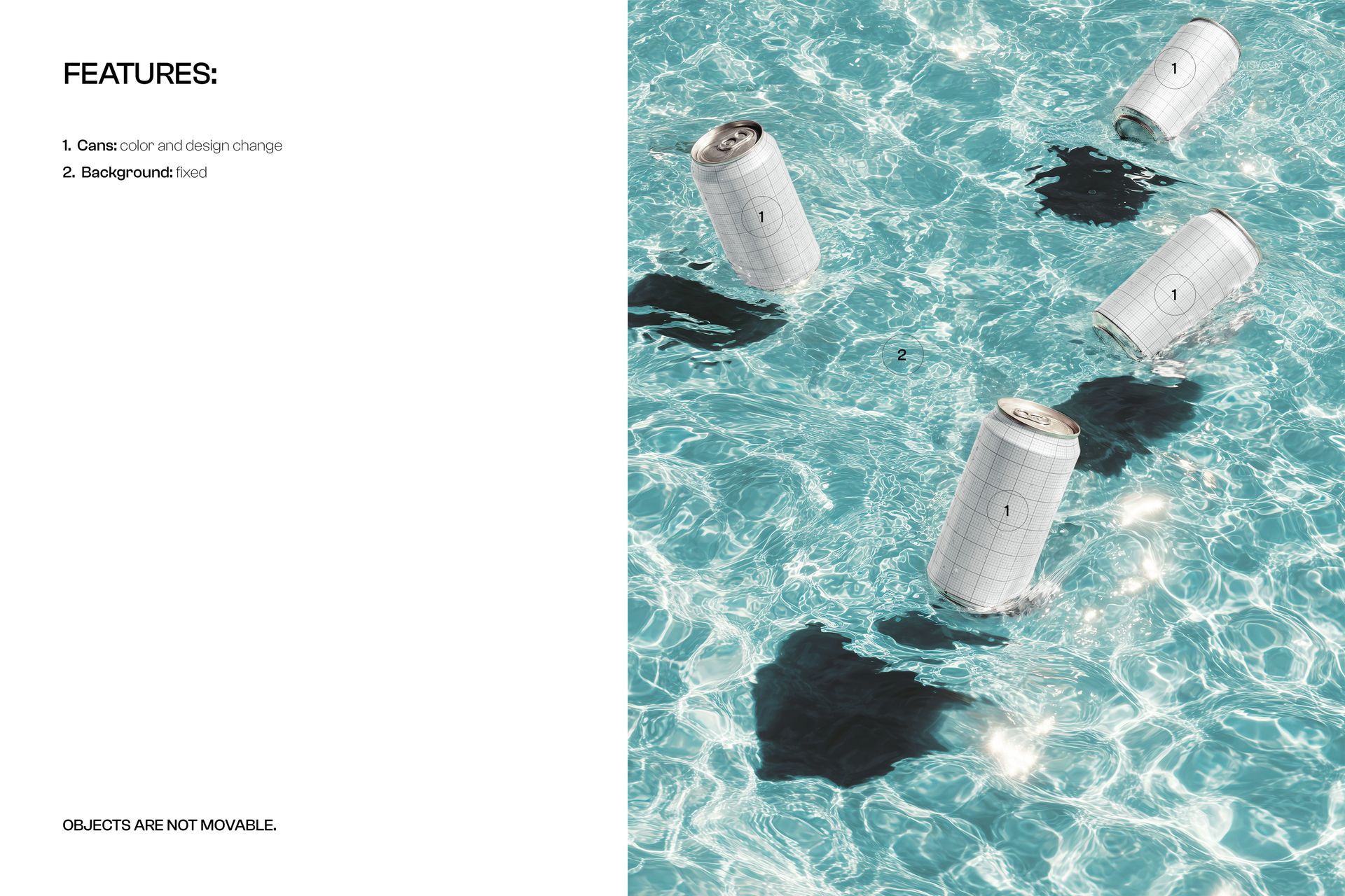 Five floating drink cans with grid patterns and hard shadows on a clear blue water surface, front view mockup.