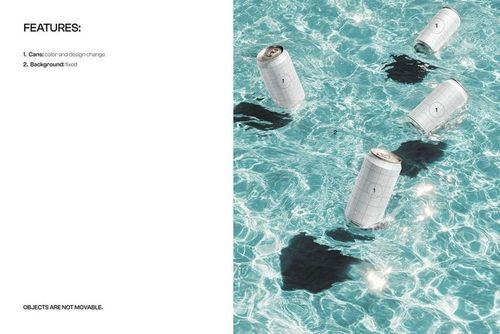 Five floating drink cans with grid patterns and hard shadows on a clear blue water surface, front view mockup.