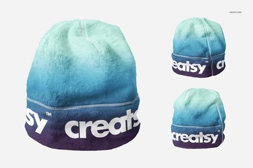 PSD mockup of a fleece beanie featuring a blue ombre design and large white text, displayed on a plain background.