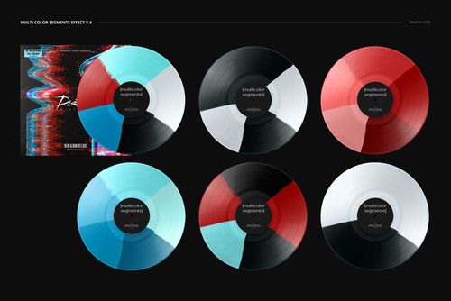 Colorful segmented vinyl records arranged in two rows, featuring red, blue, white, and black sections, with a cover mockup.