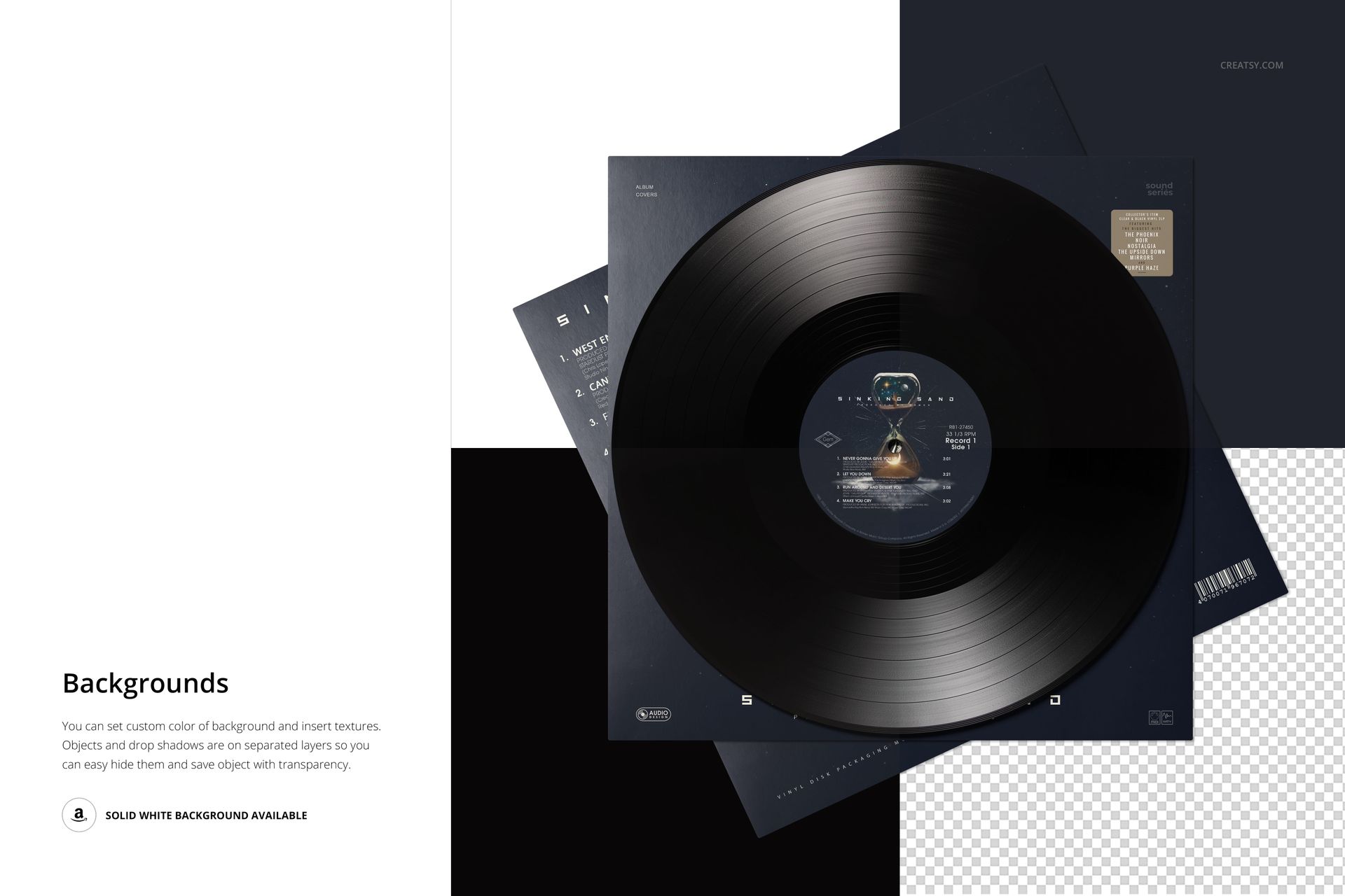 Black vinyl record and album cover mockup displayed from above, set against a divided background with white and black areas.