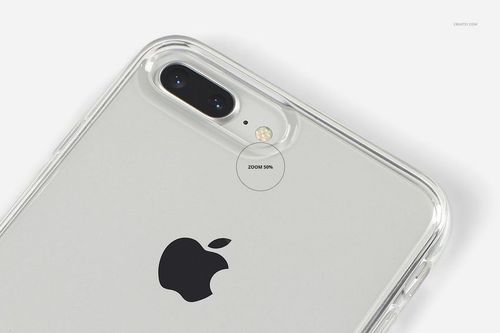 iPhone 8 Plus clear case mockup in a close-up perspective, displaying the phone’s rear and camera details.