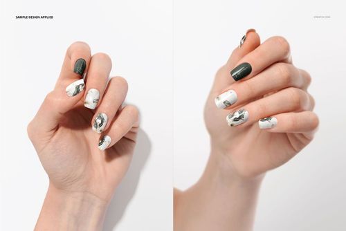 Squoval nail mockup with alternating solid dark green and abstract white marble patterns, photographed from a front angle.