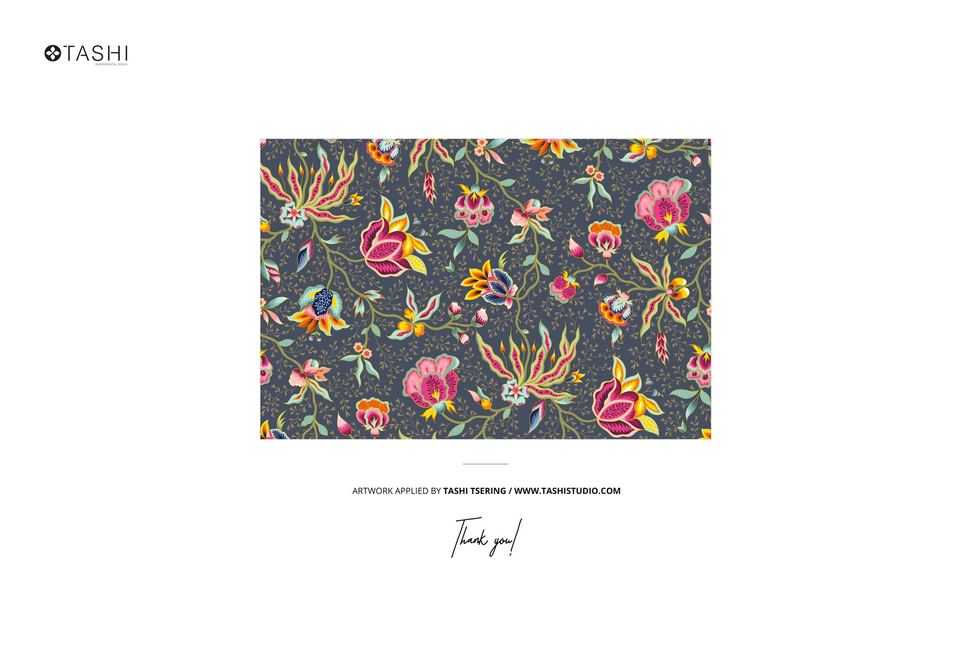 Botanical design mockup showing assorted flowers and stems in bright colors against a textured dark surface, straight-on perspective.