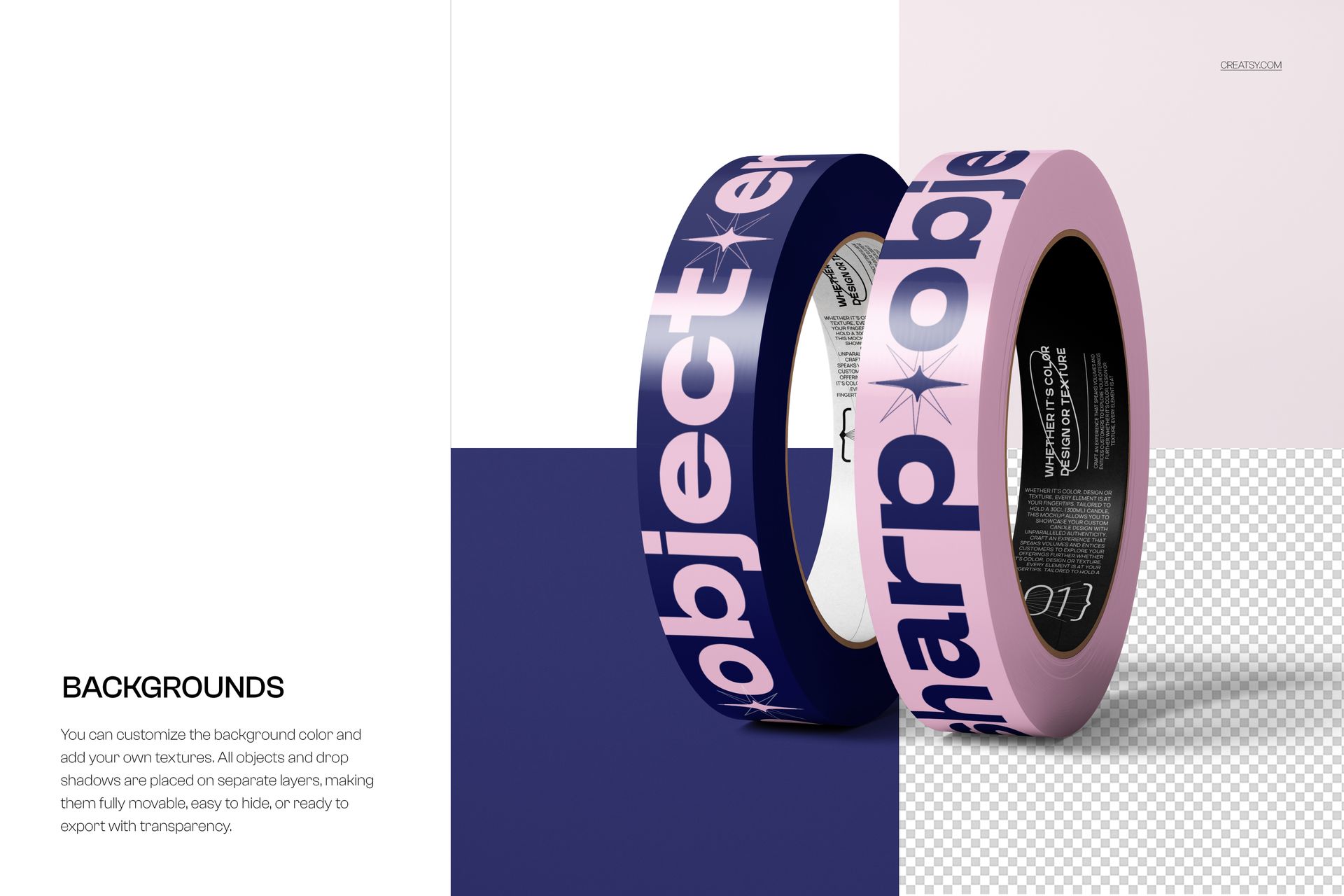 Mockup of two narrow duct tape rolls, one navy and one pastel pink, shown standing upright on a geometric background.