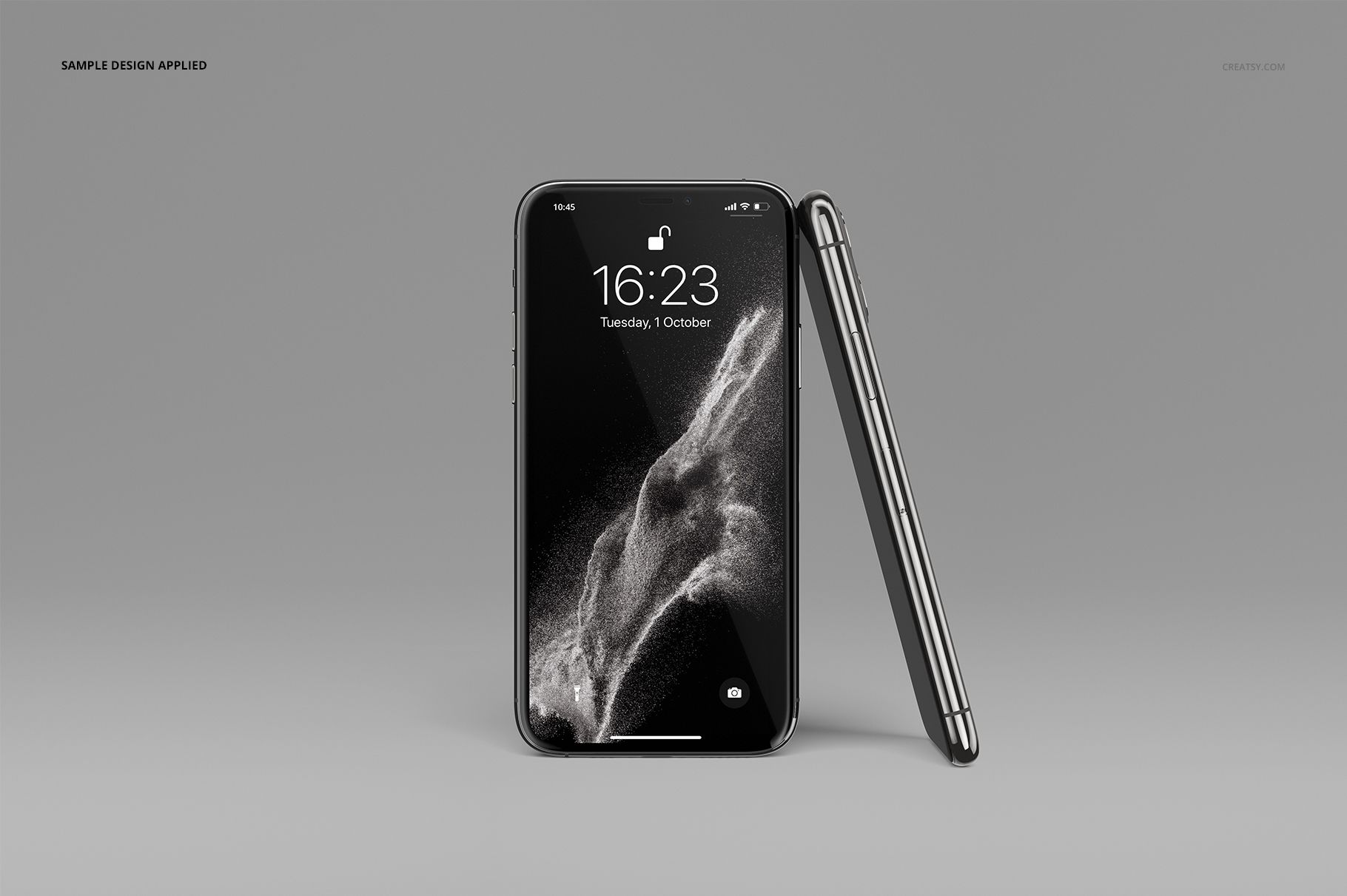 iPhone 11 Pro mockup set showing two smartphones on a gray background, featuring a monochrome artistic display.