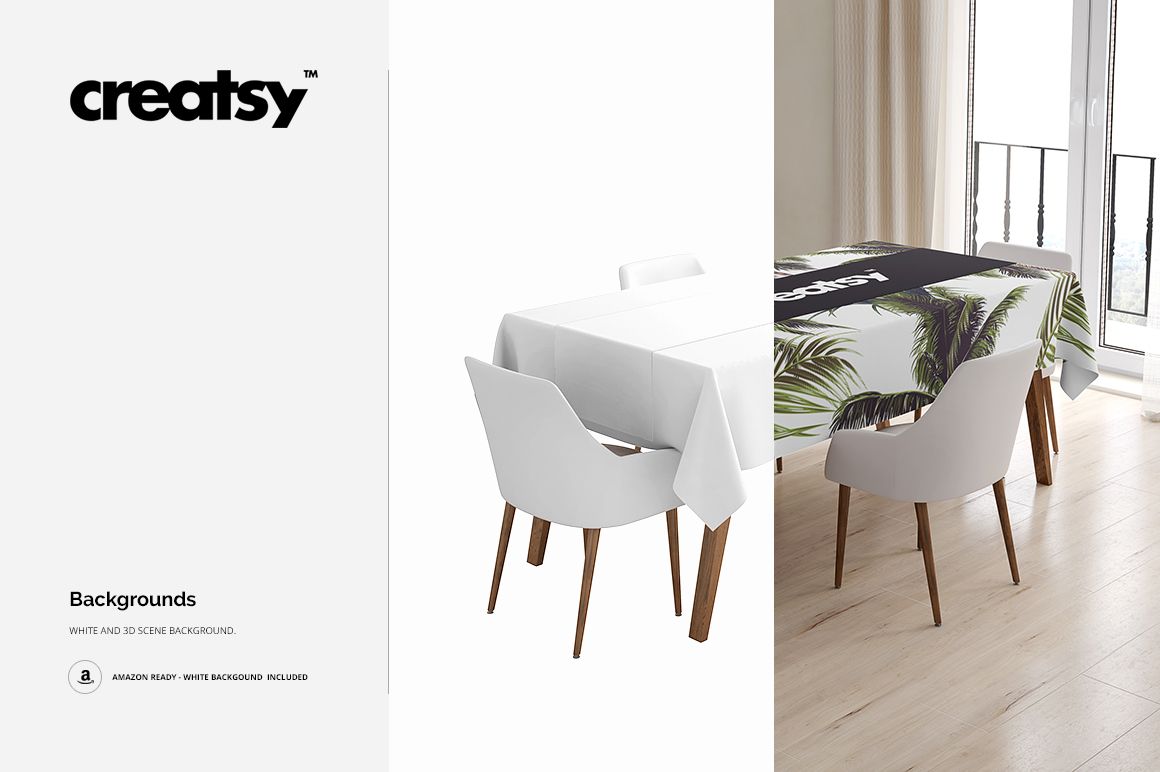 PSD mockup showing a tablecloth and runner with botanical design, white chairs, and a light-filled interior scene.