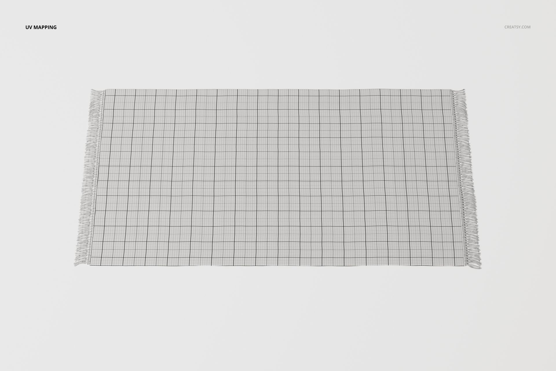 Rectangular vintage fringe rug with a grid pattern, shown from a top view on a plain white background.