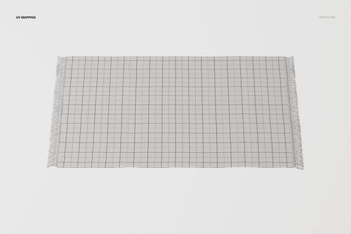 Rectangular vintage fringe rug with a grid pattern, shown from a top view on a plain white background.