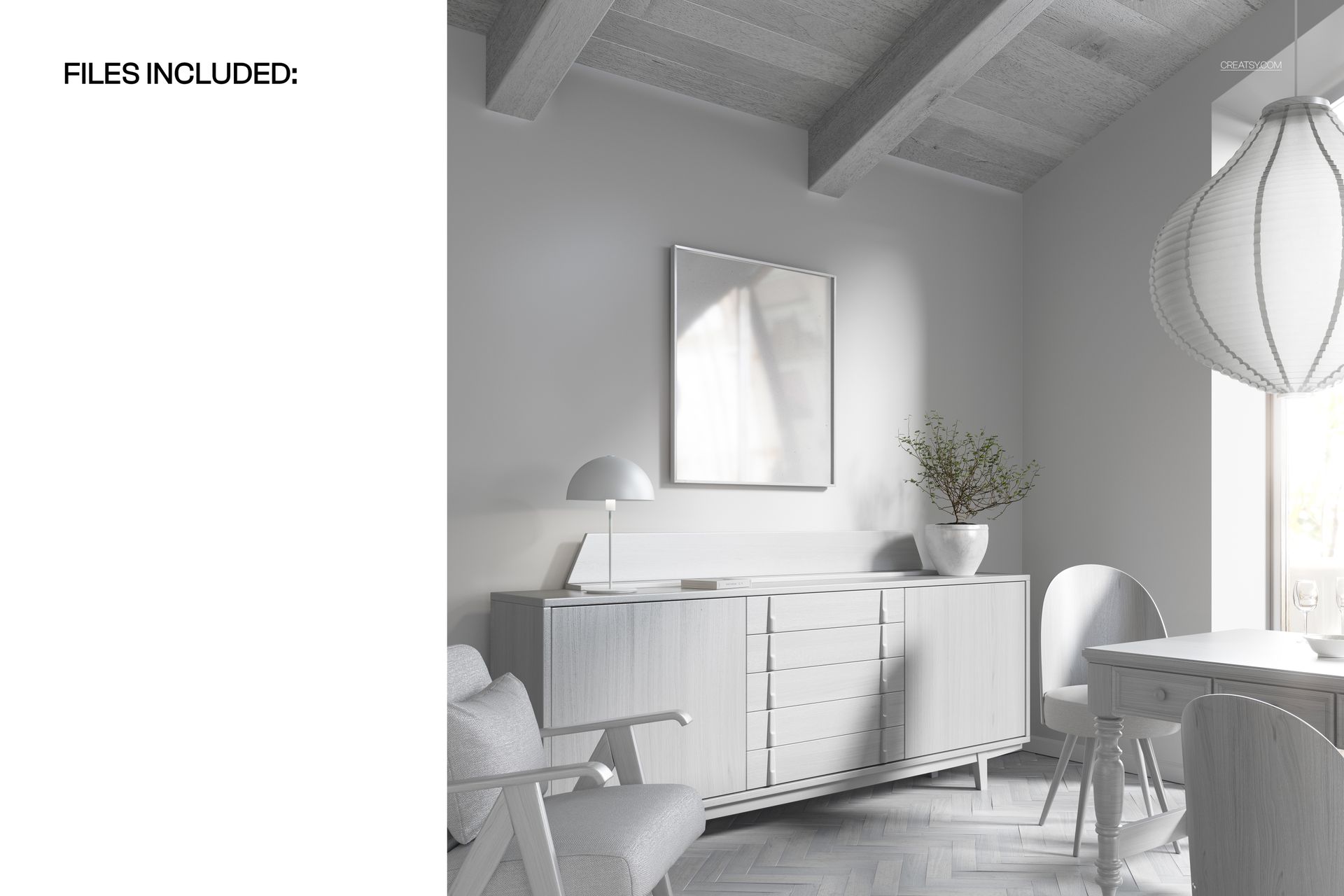 Bright dining area featuring a PSD mockup with neutral wallpaper, a sideboard, framed print, and round table.