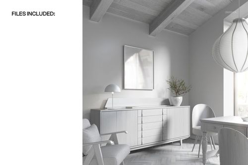 Bright dining area featuring a PSD mockup with neutral wallpaper, a sideboard, framed print, and round table.