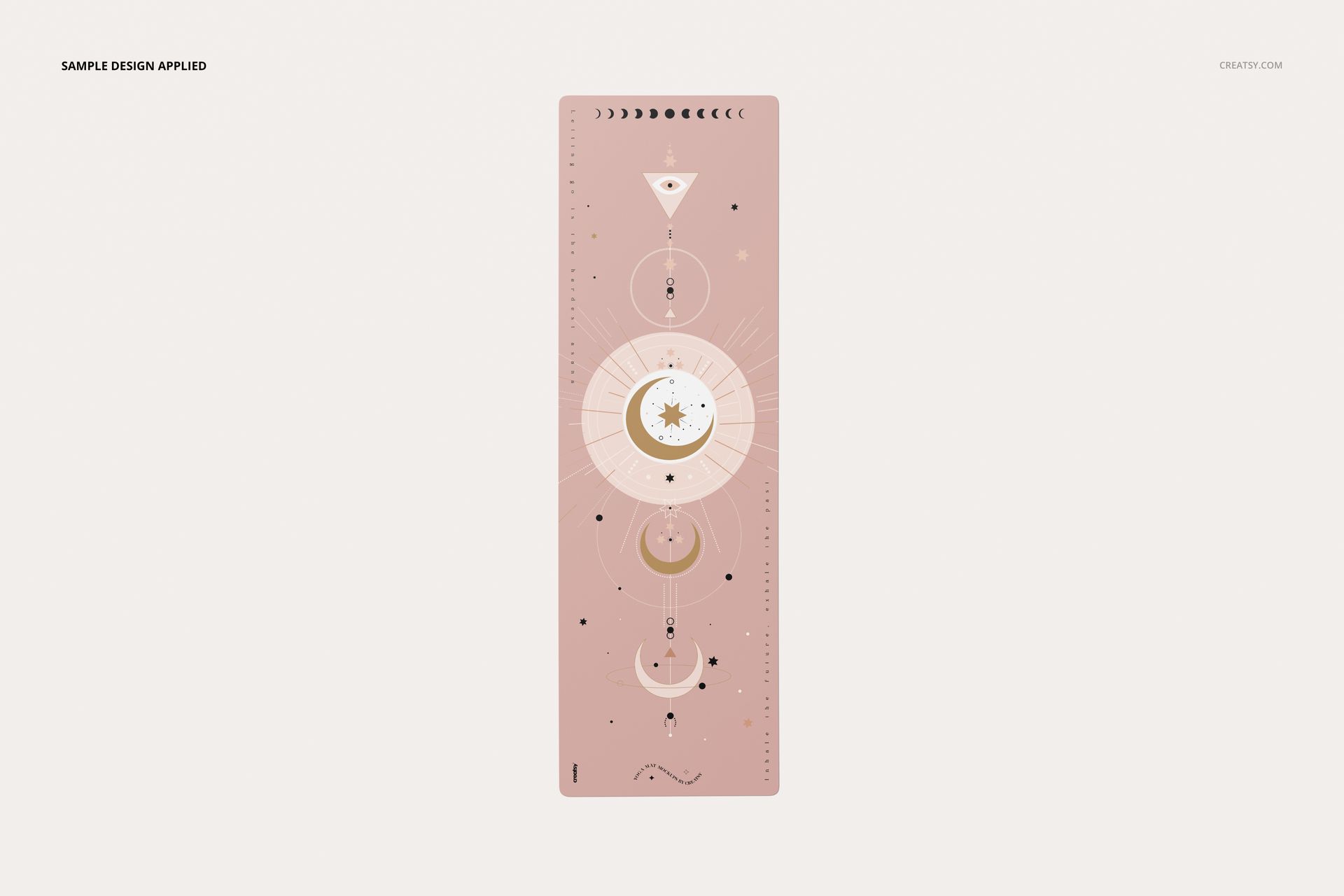 Top view of a PU leather yoga mat mockup featuring a geometric and celestial pattern in soft pink and beige tones.