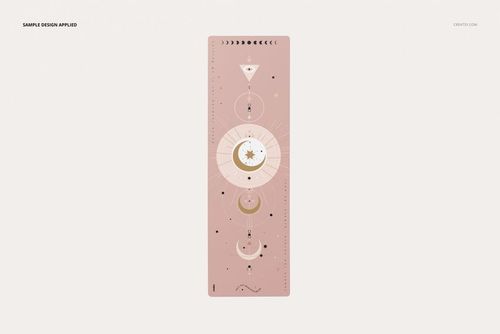 Top view of a PU leather yoga mat mockup featuring a geometric and celestial pattern in soft pink and beige tones.