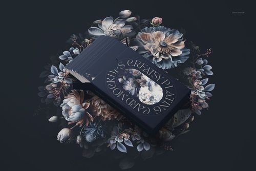 Top view of a playing card mockup set with elegant floral patterns, cards fanned out from a decorative box.