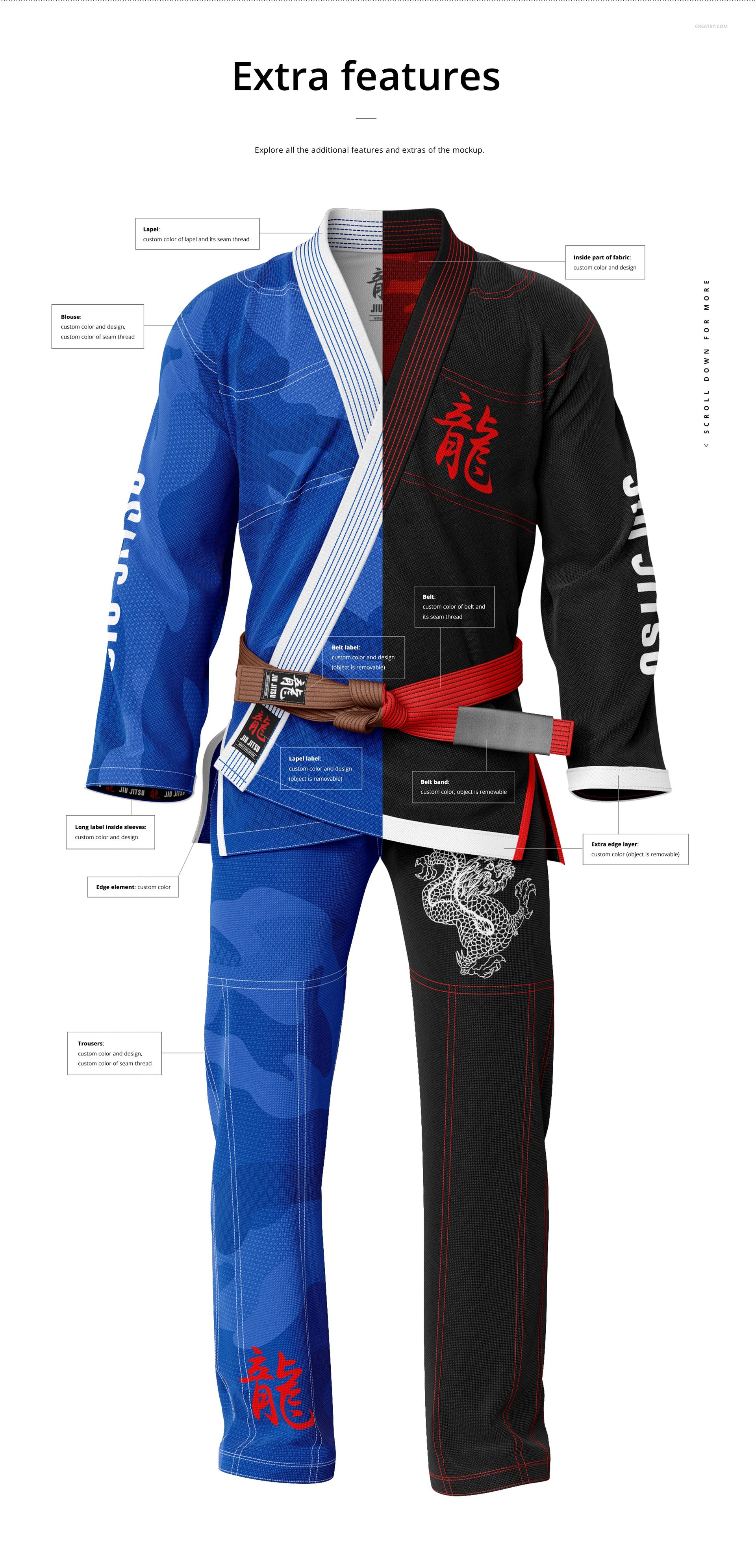 Front view of a Brazilian Jiu Jitsu uniform mockup, split design with blue camo pattern on one side and black with red accents on the other.