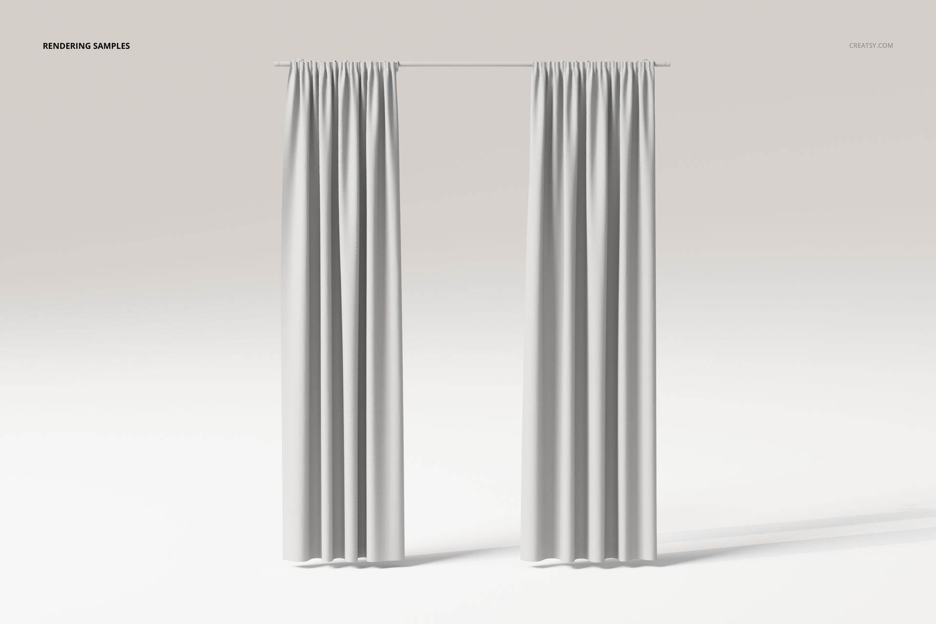 Front view of partially closed double panel curtains in plain white fabric hanging from a thin curtain rod.