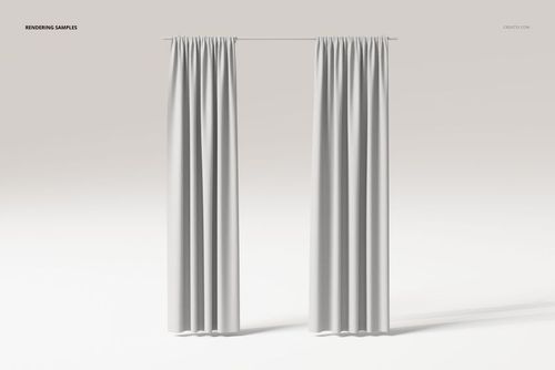 Front view of partially closed double panel curtains in plain white fabric hanging from a thin curtain rod.